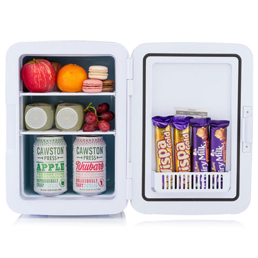 Subcold Ultra 10 litre grey mini drinks fridge with drinks and snacks inside